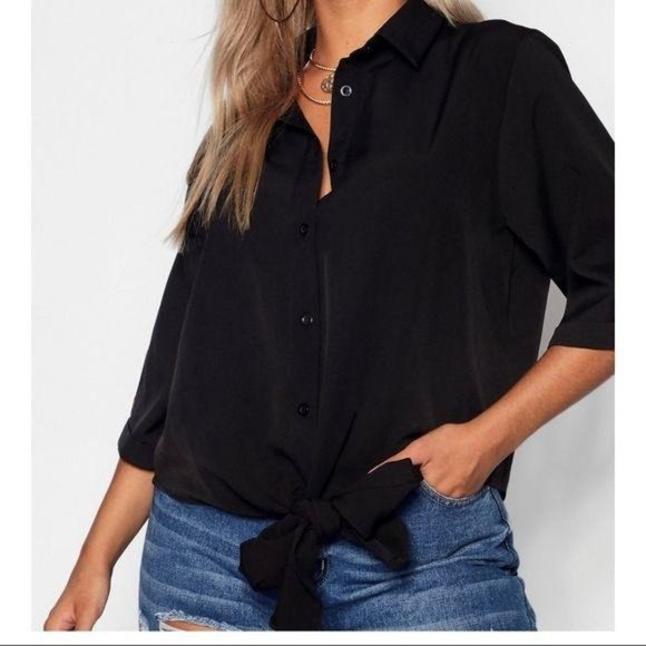 Boohoo Plus Utility Tie Front Relaxed Black Top
